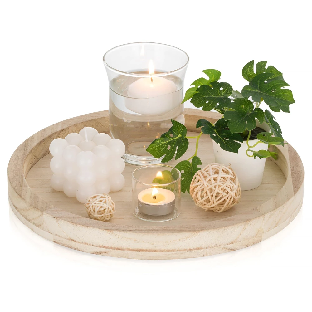 Wooden Serving Tray, Decorative Rustic Round, Vintage Centerpiece Candle Holder Tray, Kitchen Countertop Ottoman