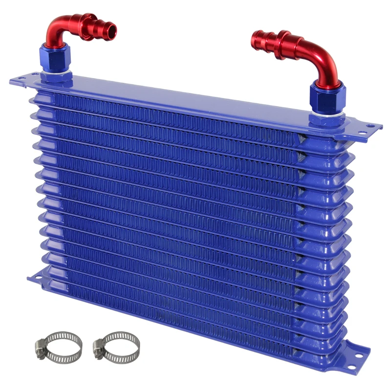 

Universal 15 Row AN10 Engine 262MM 7/8-14 UNF Oil Cooler + 2pcs Fittings Black /Blue