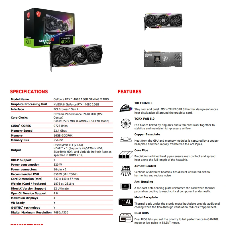 MSI NVIDIA GeForce RTX 4080 16GB GAMING X TRIO Video Cards 22.4