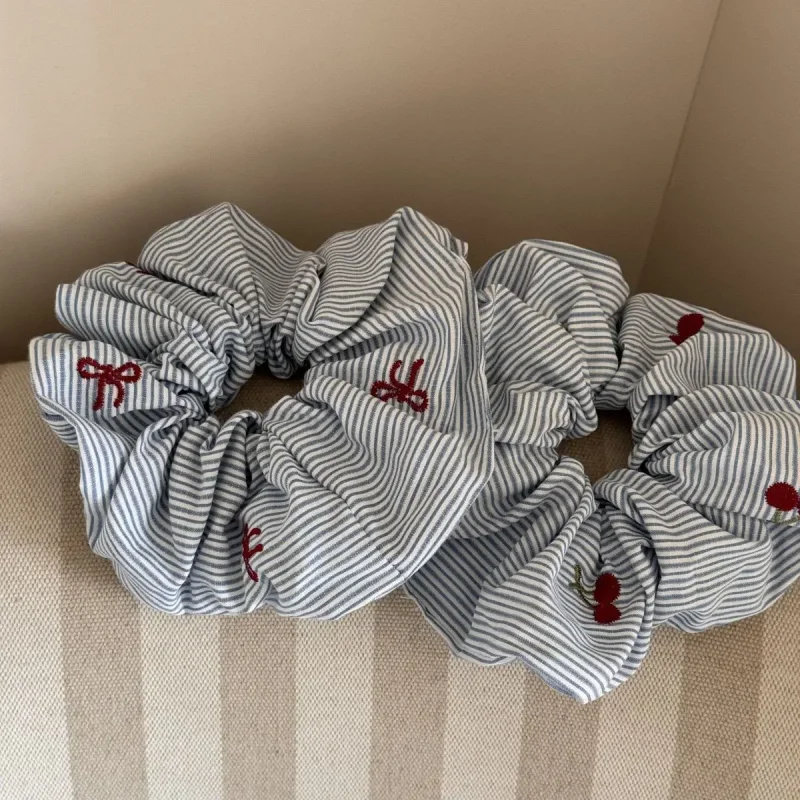 Set of 2 Stylish Korean Blue Striped Scrunchies with Red Bow and Cherry Design