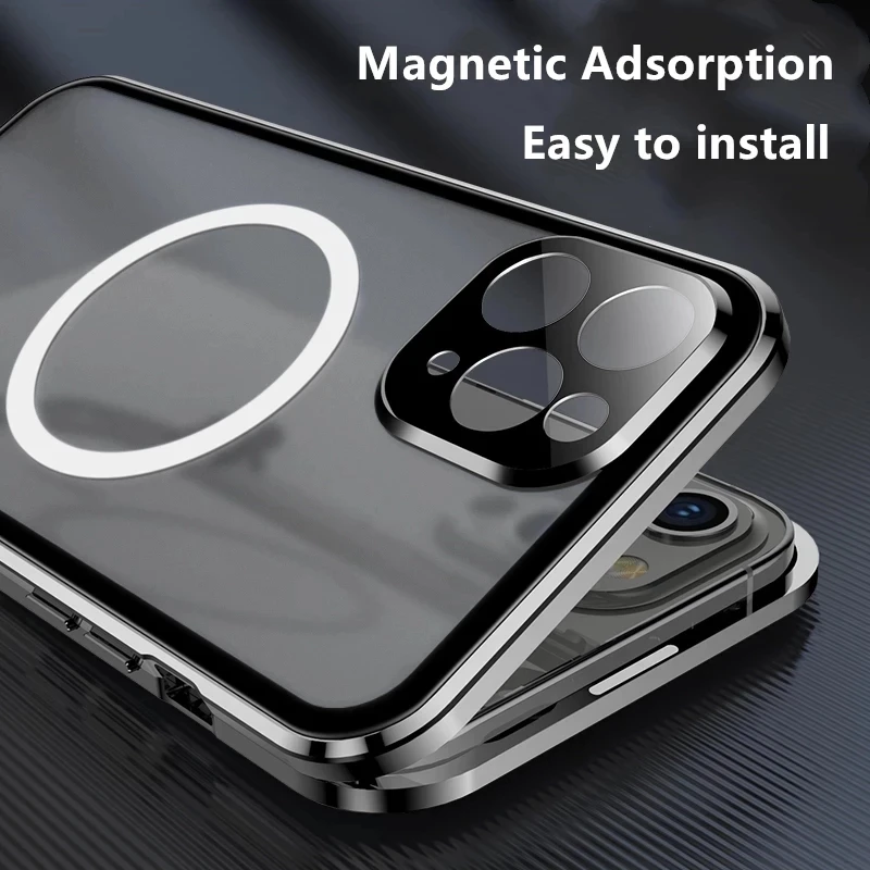 Metal Magnetic Case for iPhone 14 13 12 15 Pro Max Magsafe Wireless Charging 360° Sealed Glass Fall preventio protective Cover
