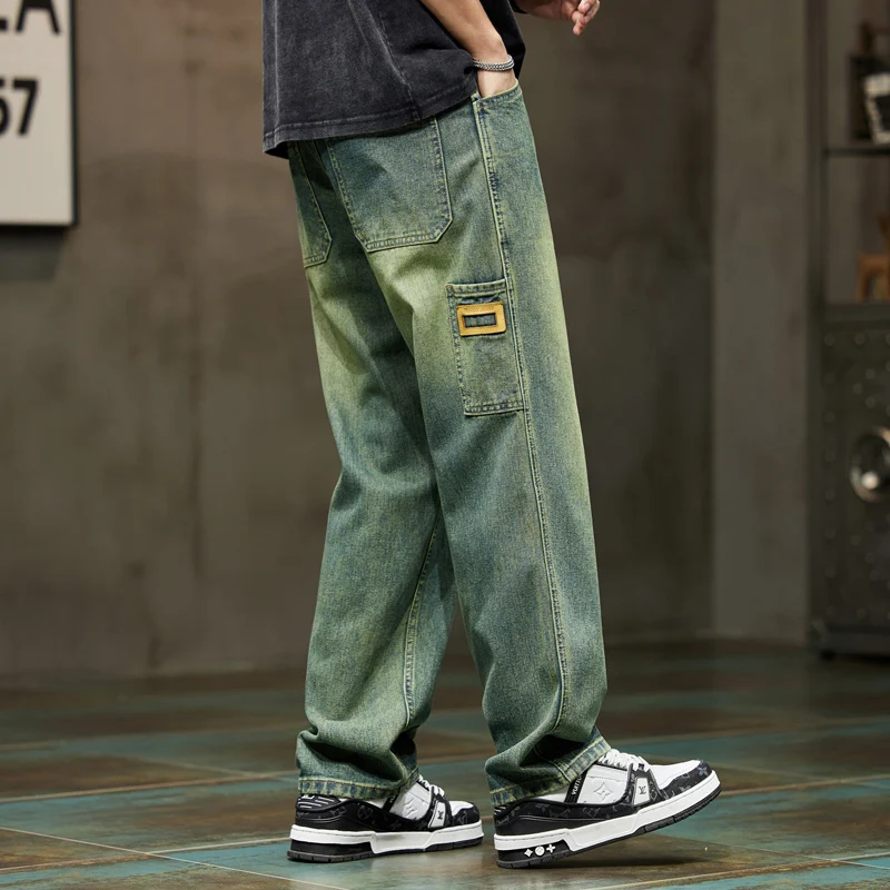Men jeans Wide Leg Loose Baggy Denim Trousers Green Summer 42
