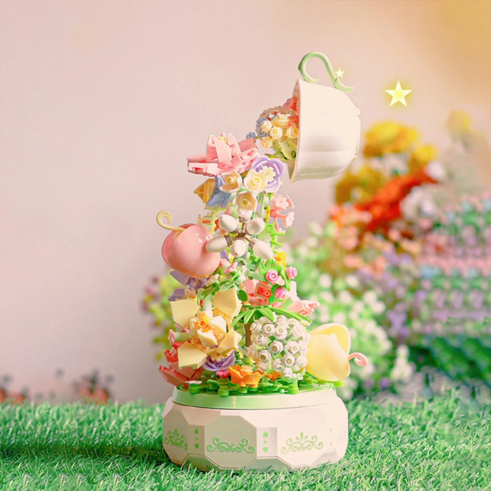 

575PCS Building Block Teapot Flower Toy Light Music Box City Compatible Building Block Home Decoration Animation Creative Gift