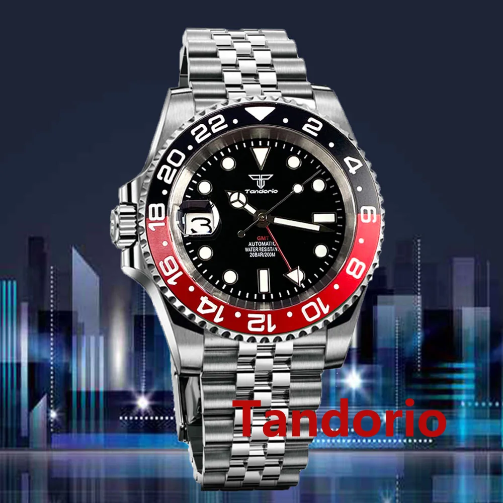 20Atm Tandorio 40Mm 9 In Punto Corona Mancino Gmt Nh34A Movimento Automatico Vetro Zaffiro Subacqueo Orologio Da Uomo Corona Luminosa A Vite