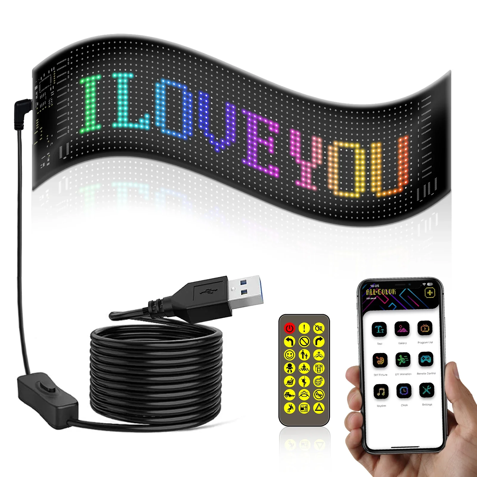 

LED Matrix Pixel Panel 5V USB Flexible Addressable RGB Pattern Graffiti Scrolling Text Animation Car Sign Display Waterproof Led