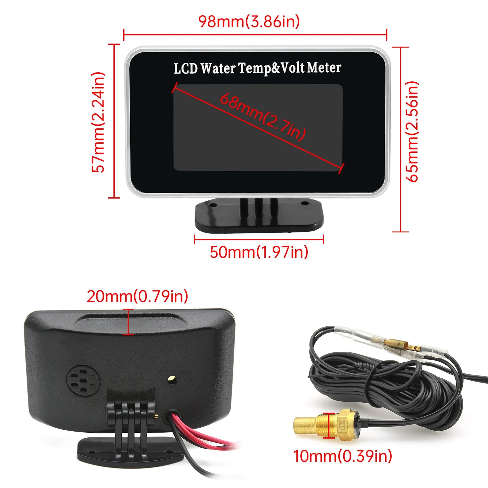 수온계 자동차 LCD 전압계+온도계 게이지 2in1 온도 및 전압계 10mm 센서 12V/24V