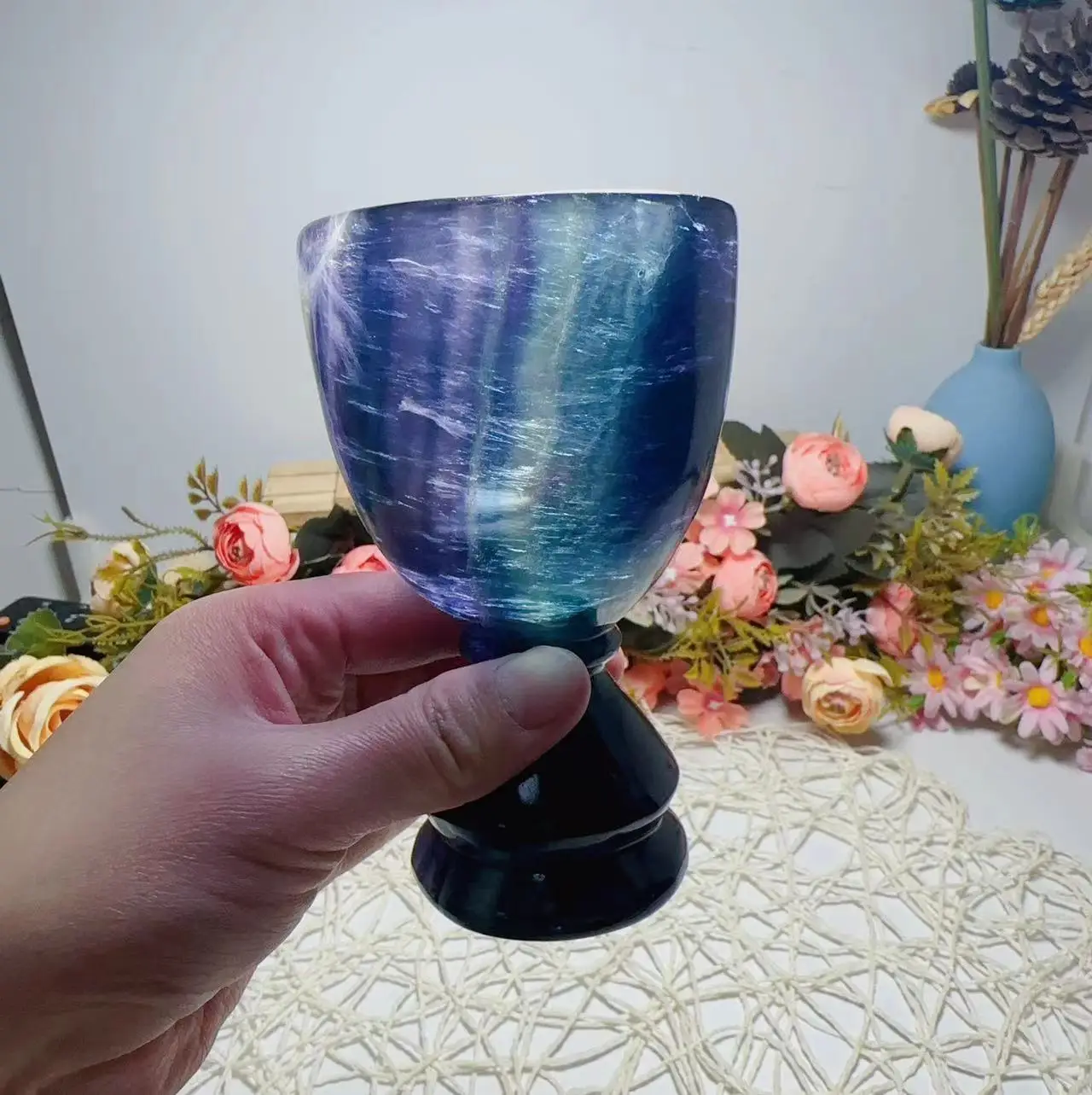 1pcs Natural Hand Carved fluorite Quartz crystal cups