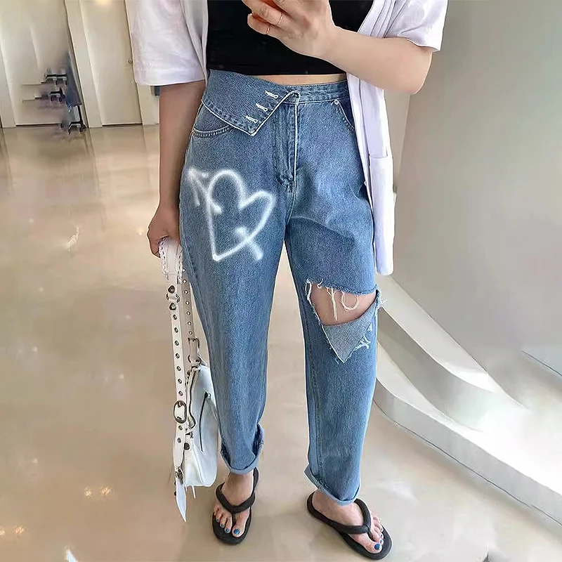 

Ripped Jeans Pants For Women Loose Holes Love Printed Straight Denim Pants Female High Waist Full Length Fall Trousers N556