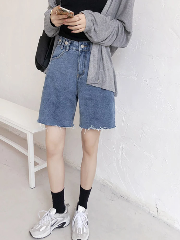 Ailegogo New Spring Summer Retro Women Tassel Loose Denim Shorts Streetwear Female Wide Leg Button Frayed Jeans Shorts Bottoms plus size clothing