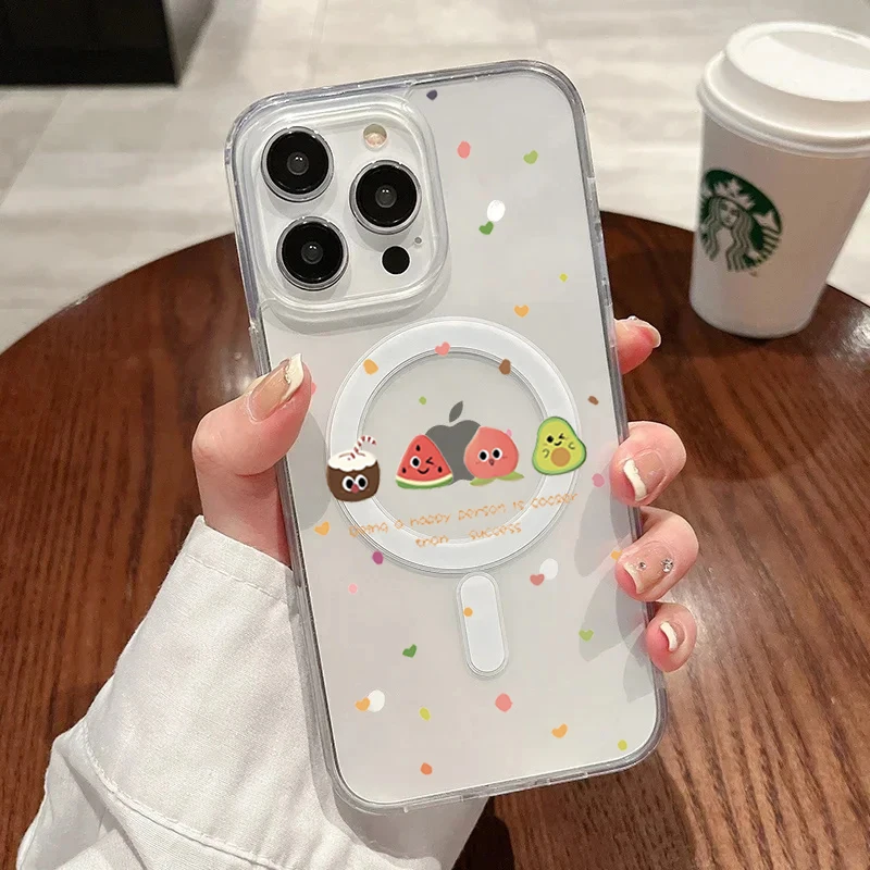 Adorable Fruit Cartoon Shockproof Transparent Phone Case with MagSafe Compatibility