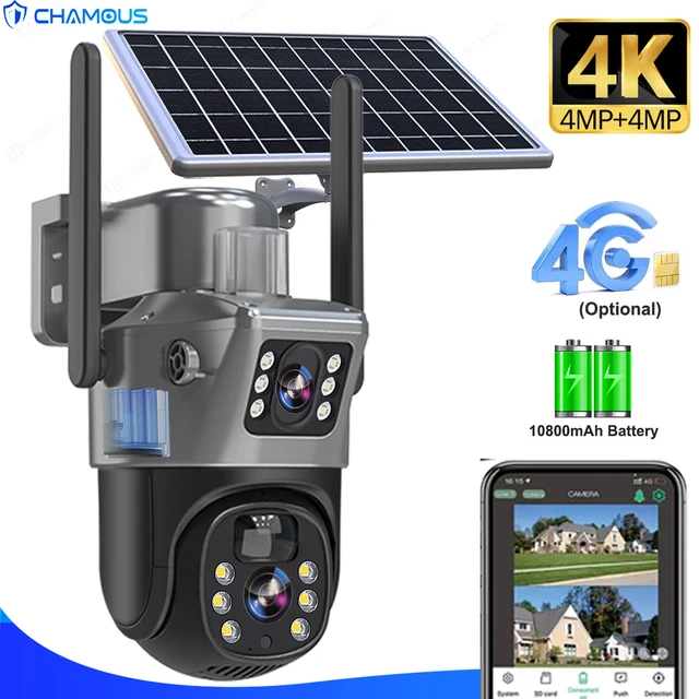 Câmera solar sem fio ao ar livre, lente dupla, tela dupla, proteção de segurança 360 °, vigilância CCTV, WiFi IP Cam, 4G Cartão Sim, 8MP, 4K