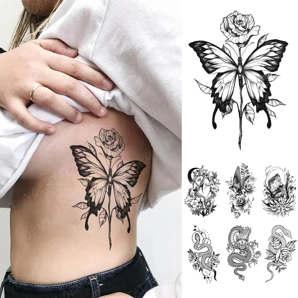 Waterproof Temporary Tattoo Sticker realistic dark butterfly rose Flash Tattoos Gothic Y2K Body Art Arm Fake Tatoo Men Women