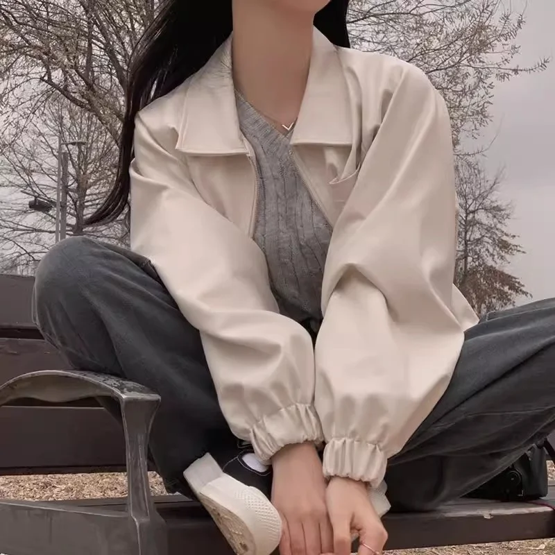 South Korea 2024 Autumn Niche Western Style Lapel Casual Versatile Solid Color Long Sleeved Short PU Leather Jacket for Women WF