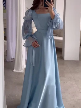 Eleganti abiti lunghi da donna a linea A con maniche lunghe con volant a strati patchwork in rete, perfetti per matrimoni e occasioni formali