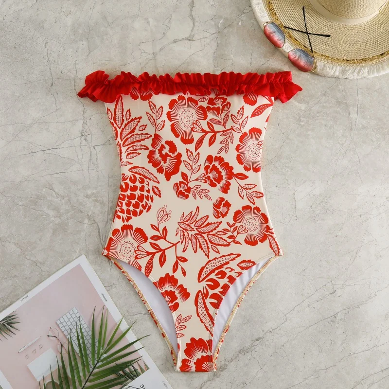2024New off-Shoulder One-Piece Swimsuit Women's Flying Conservative Hot Spring Swimsuit Mesh Wrap Skirt Suit