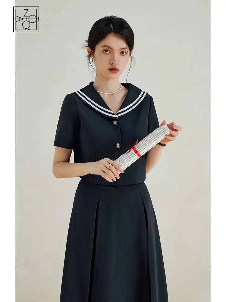 

ZIQIAO Retro Navy Style Suit for Women Summer Niche High Waist A-line Skirt Slim Sailor Collar Short Top Two piece Set Female
