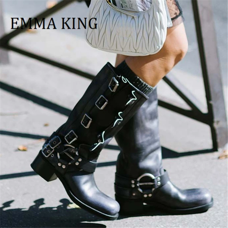 Botas Retro con correas y hebilla para mujer, botines hasta la rodilla de suela y tacón grueso, con cinturón de Metal, estilo Punk, para otoño| | - AliExpress