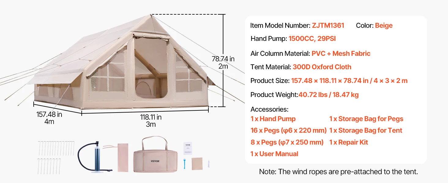 SucceBuy Inflatable Tents for Camp Easy Setup Blow up Tent with Hand Pump 300D Oxford Tent with Stove Jack Storage Bag Included