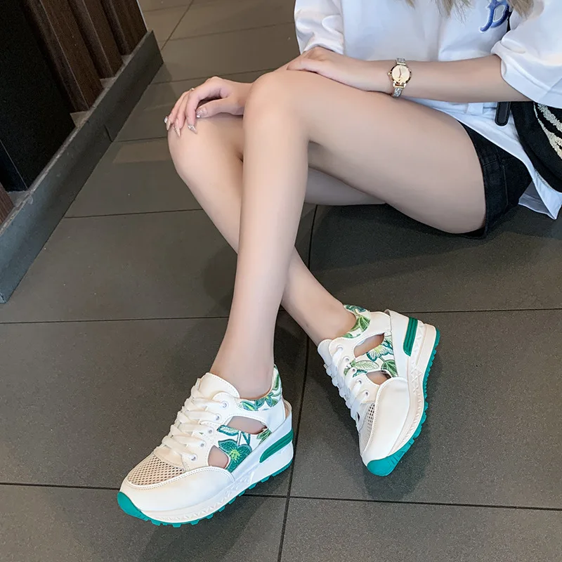 Women Breathable Mesh Sports Sandals Summer Casual Hollow Wedge Thick Sole Comfortable Non Slip Walking