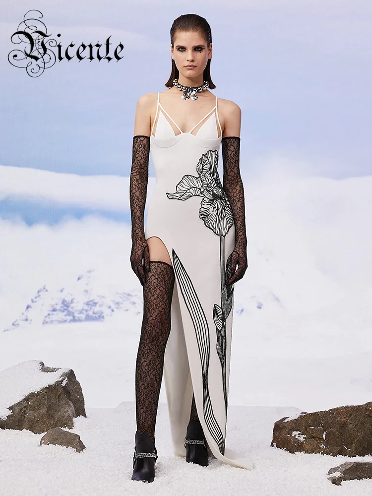 

VC 2023 Fashion Party Dresses For Women Sexy V Neck Embroidery Design High Slip Long Dress With Gloves Vestidos