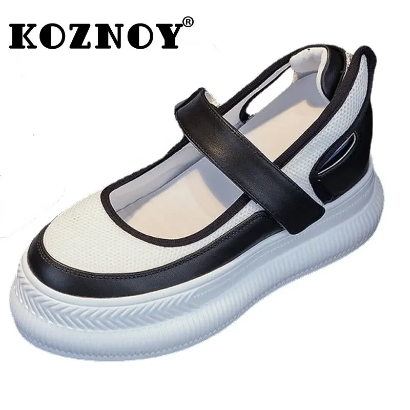 

Koznoy Women's Wedge Heel Sneakers 9cm Genuine Leather Cloth Platorm Chunky Hidden Femals Hook Air Mesh Summer Casual Pils Shoes