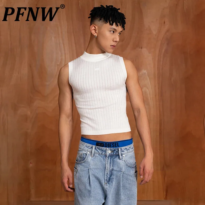 

PFNW Close-fitting Men's Solid Color Knitted Vests Sexy Sweaters Niche Design Male Casual Pullovers 2023 Autumn Chic New 28W2174