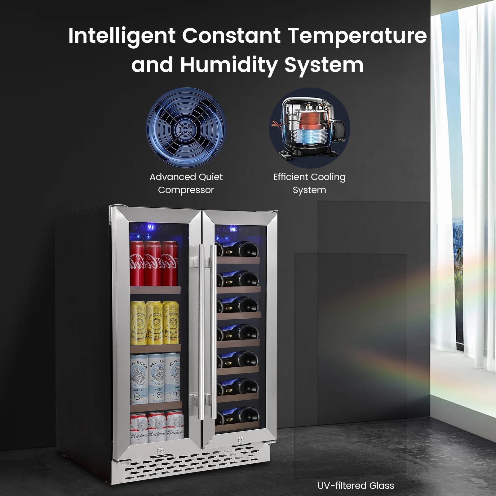 Wine and Beverage Refrigerator 24 Inch Dual Zone Wine Cooler with 40 Bottles Capacity, 120L Built-in and Freestanding