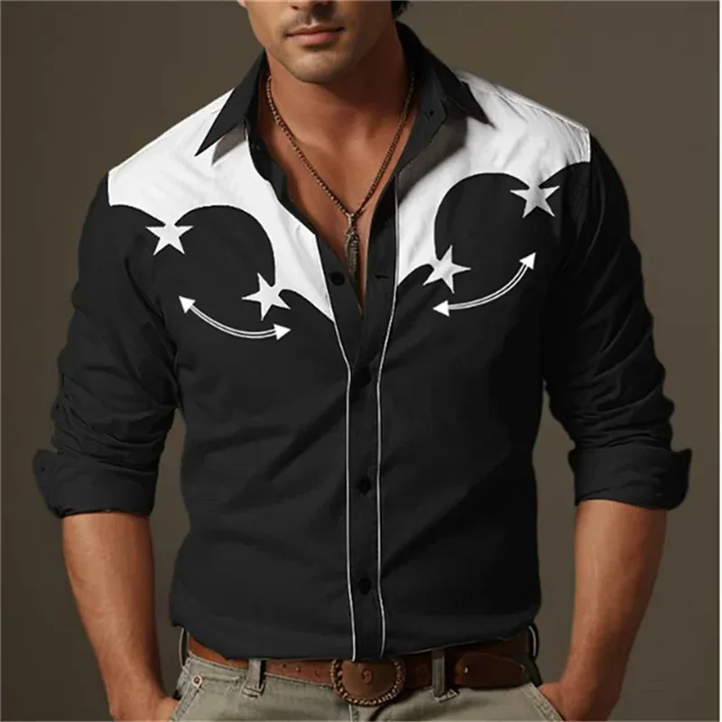 thumbnail image 1 of Camisa vaquera para hombre, diseño vintage, solapa, manga larga, botones, estampado, ropa de calle de moda, diseñador, estilo occidental, 1 of 5
