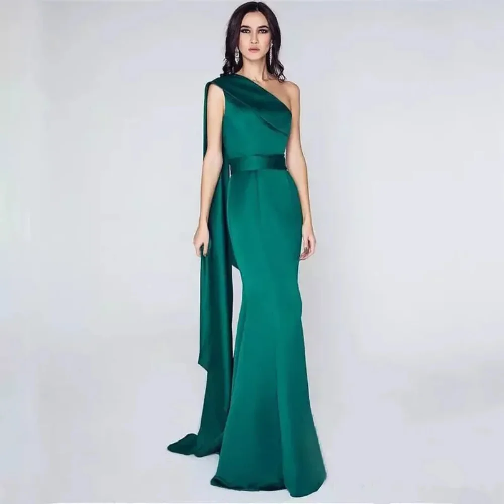 

Dark Green One Shoulder Formal dress Elegant Sleeveless Satin Mermaid Celebrity Evening Dresses For Women Long Prom Party Dress