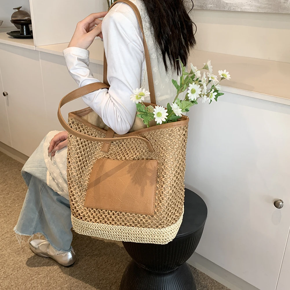 Summer Women's Tote Bags PU Leather Purses for Women Raffia Woven Crochet Large Shopping Bag Ladies Straw Shoulder Handbags 2024