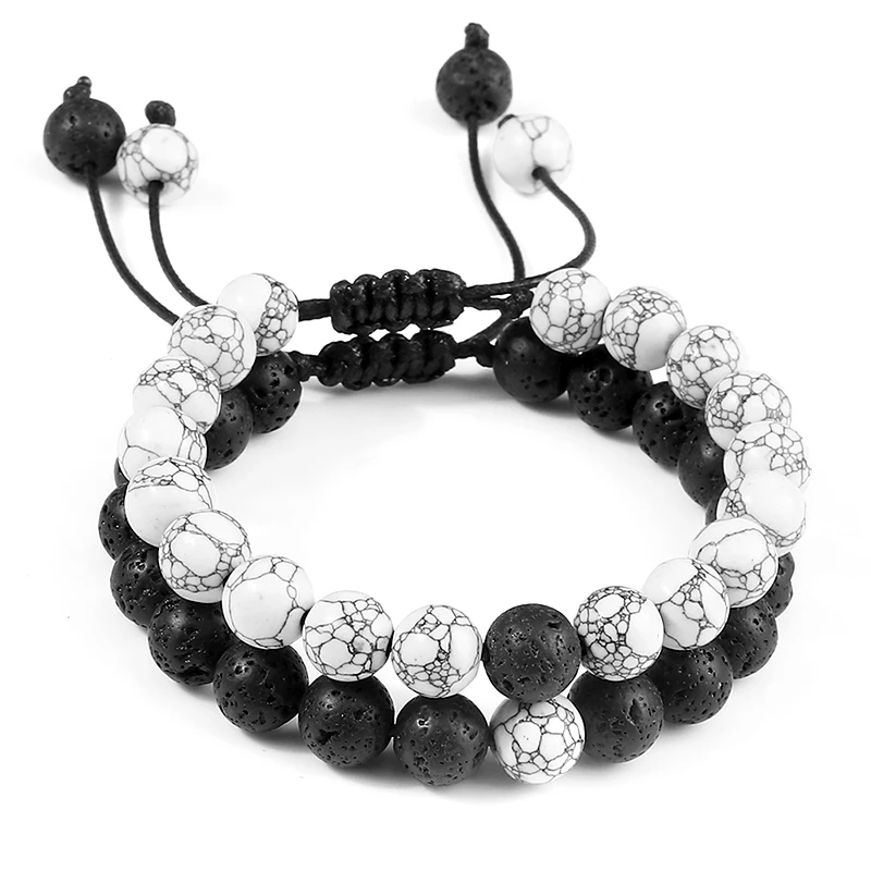Set Di Coppie Di Corde Intrecciate Bracciale Nero Bianco Perline Occhio Di Tigre Naturale Braccialetti Di Pietra Lavica Gioielli Con Ciondoli Regali P
