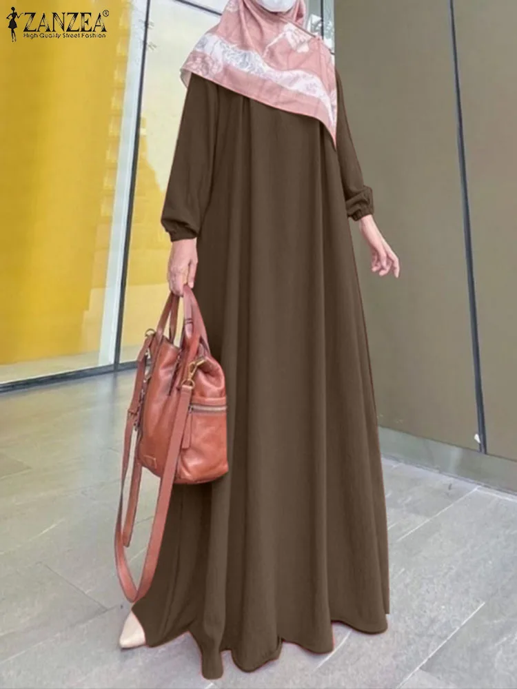 ZANZEA Women Turkey Muslim Dress Long Sleeve O-Neck Solid Color Maxi Robe Spring Fashion Party Sundress Eid Mubarek Vestidos