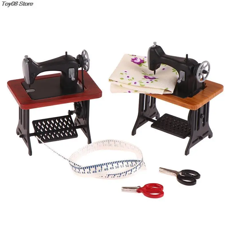 

1Set 1:12 Dollhouse Miniature Vintage Foot Sewing Machine Ruler Scissors Furniture Model Doll House Scene Decor Toy Accessories