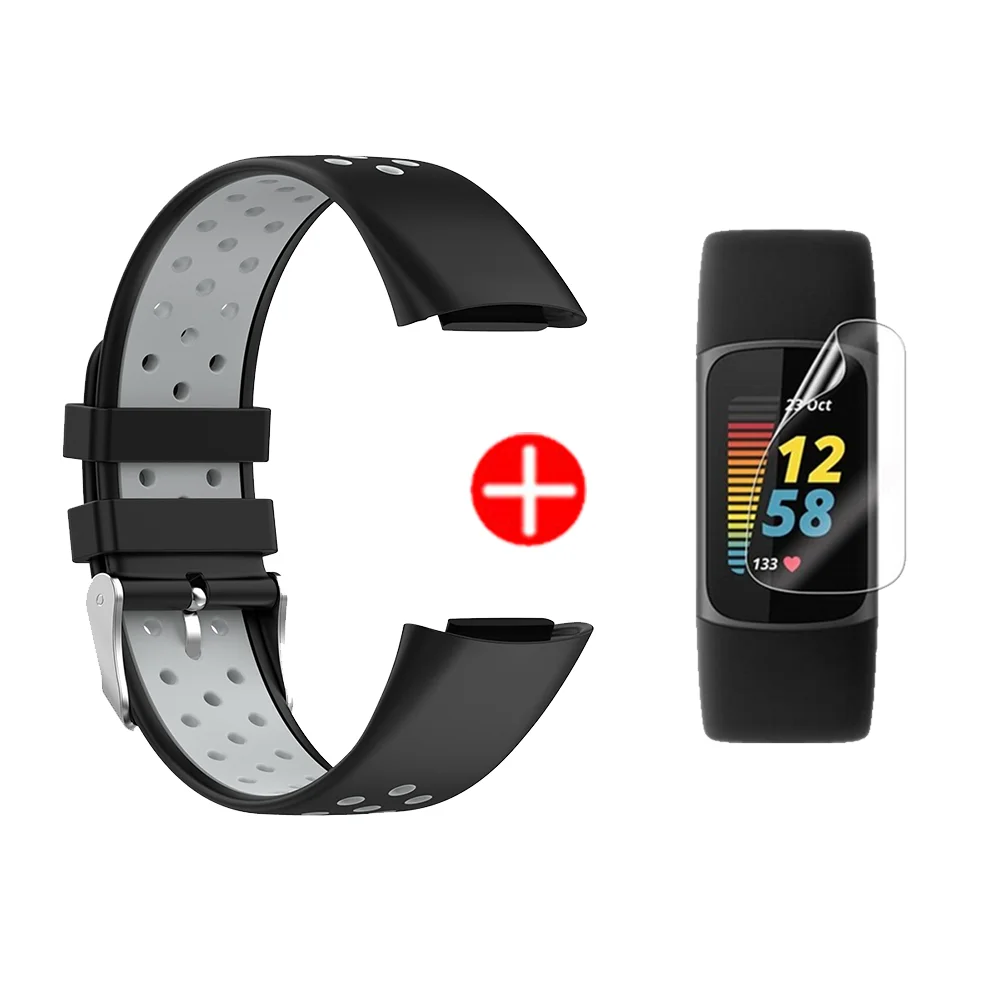 Silicone Watch Strap For Fitbit Charge 5 correa Smartwatch Colorful Wristband Bracelet Band+Screen Protector soft film Cover 