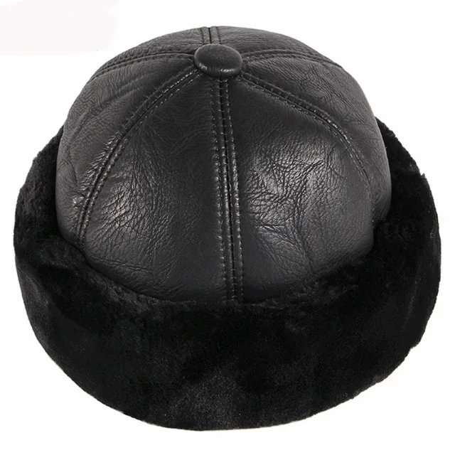 1 Stück Dicke Outdoor Warm Winter Hut Männer Schwarz Pelzleder Russische Männliche Winddichte Schnee Ski Cap Fleece gefüttert – Detail 3