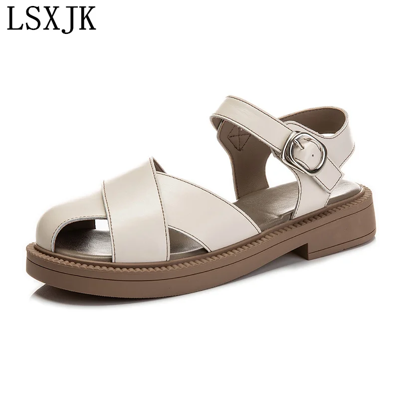 

LSXJK Baotou Leather Sandals Women's 2022 Summer New Ladies Retro Shoes All-match Chunky Heel Buckle Fashion Women's Shoes