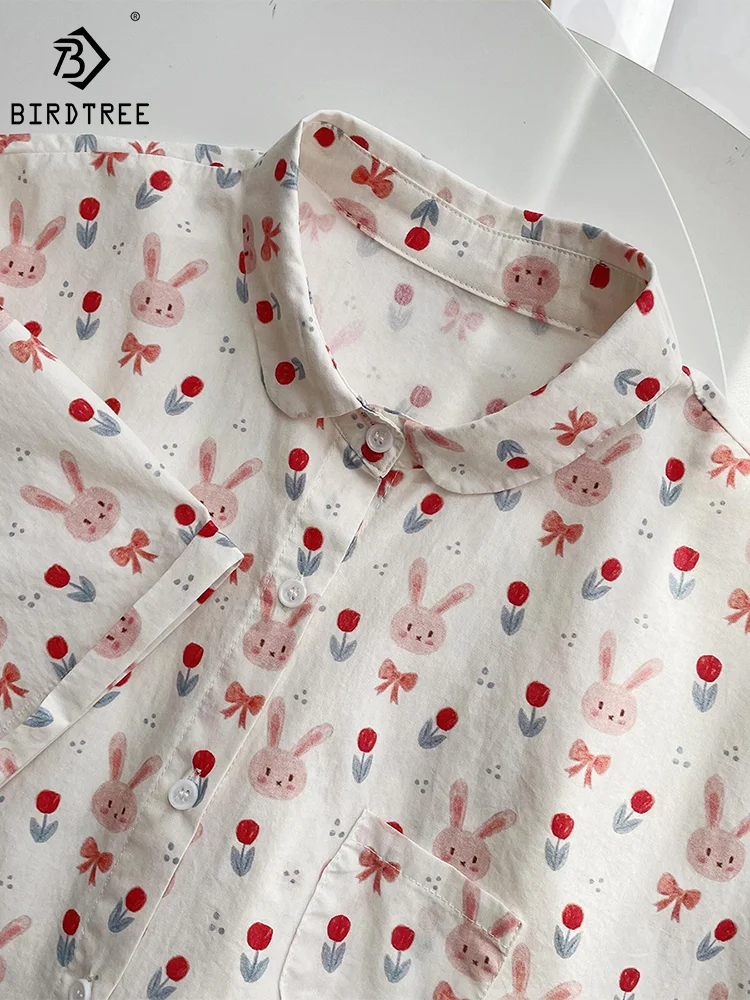 Summer Short Sleeve Shirts Women's Round Collar Rabbit Print Casual Blouses Single Breasted Thin