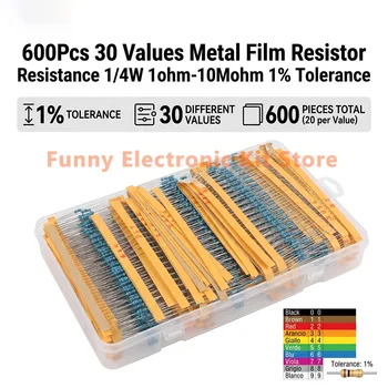 600 Pcs Assorted Metal Film Resistor Kit 30 Values 1/4W Resistance 1ohm-10Mohm 1% Tolerance for Electronics Projects 1