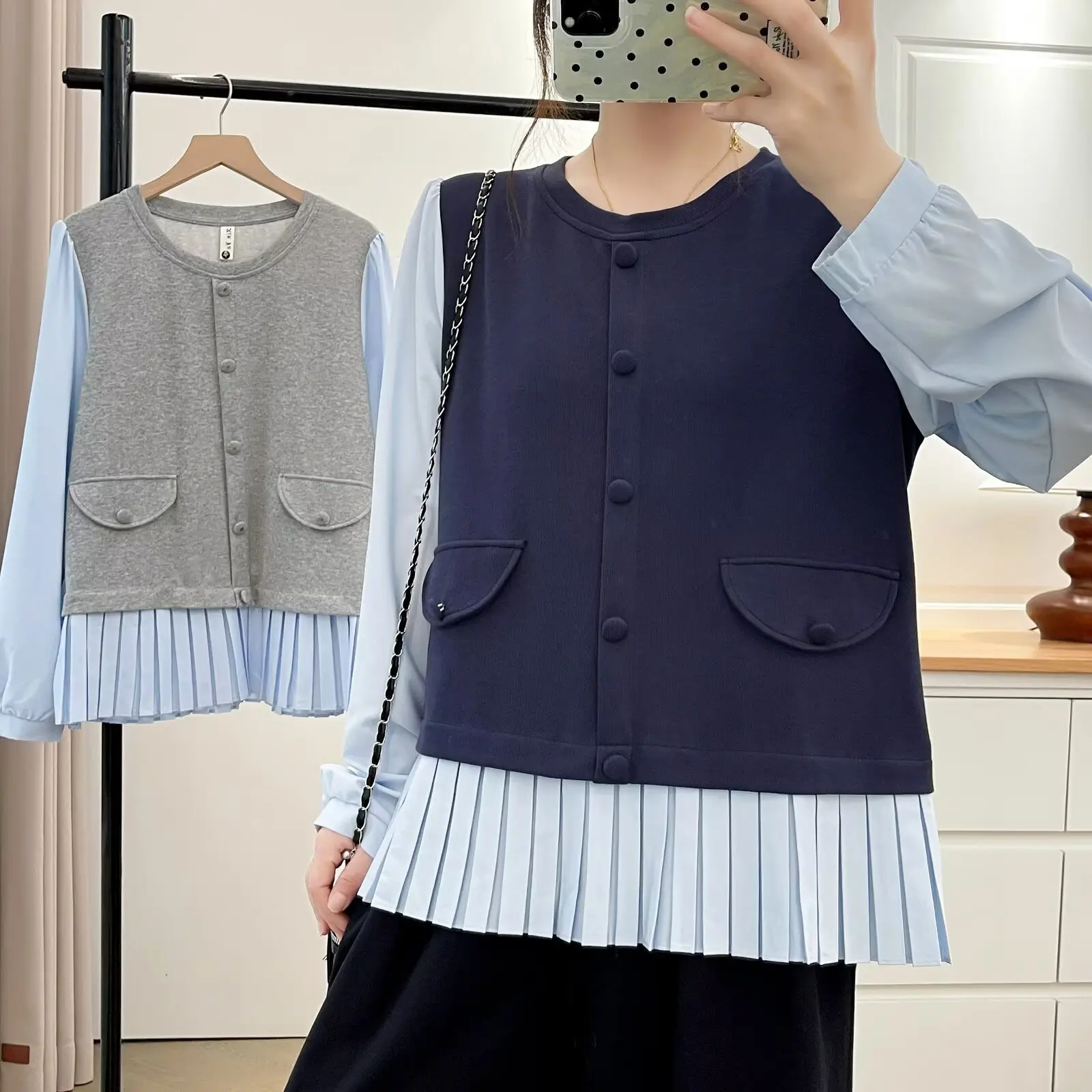 Fashion Plus Size Women's Blouses 2025 Autumn New Korean Style Fold Hem Fake Two Pieces Round Neck Puff Sleeve Tops 2523