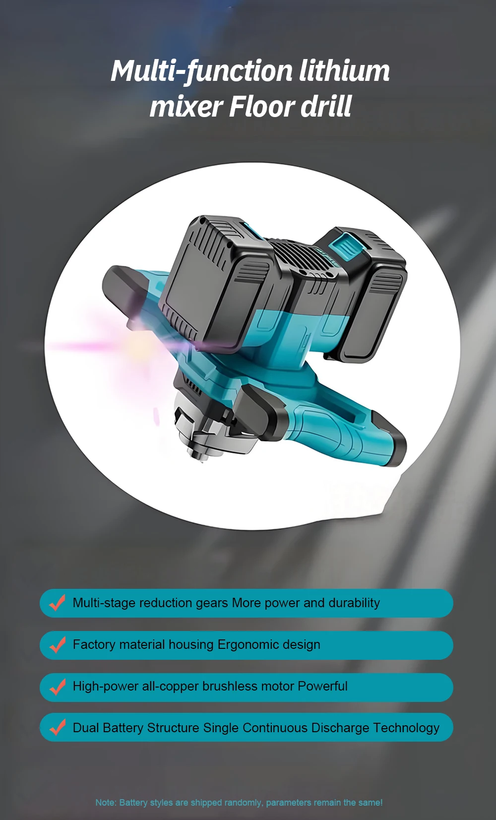 Electric Concrete Mixer Battery Powered Cordless Mixer Portable Dual Battery Mor