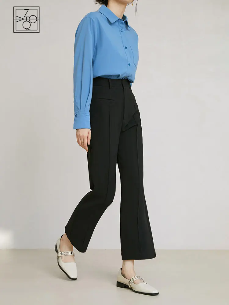 

ZIQIAO Women Black Suit Pant High Waist Pleated Design Commuter Cropped Pants 2023 Spring New Slit Mopping Casual Trousers