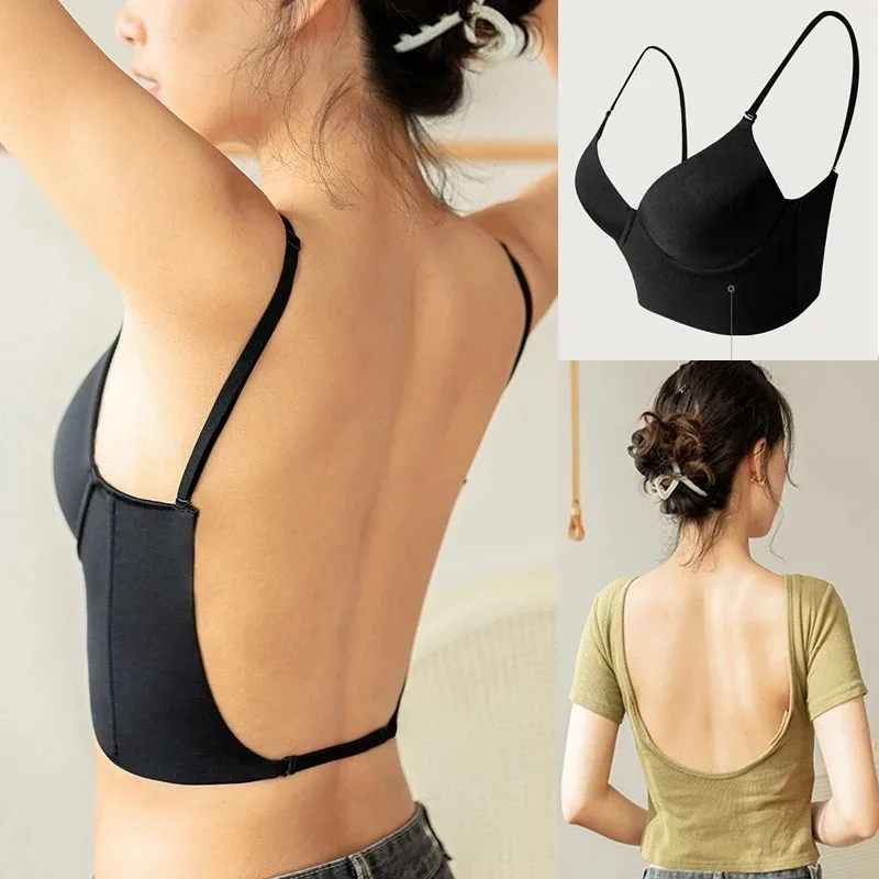 Invisible Bra with Bare Open Back Women U Underwear Small Chest Pudh Up Gathered Lingerie Thin Vest Seamless Backless