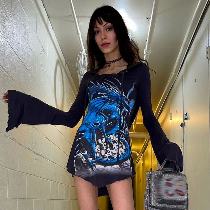 

Halloween Dragon Skull Print Hooded T Shirts Women V-Neck Lace-up Flare Long Sleeve Tee Tops 2023 Spring Fall Birthday Clothes