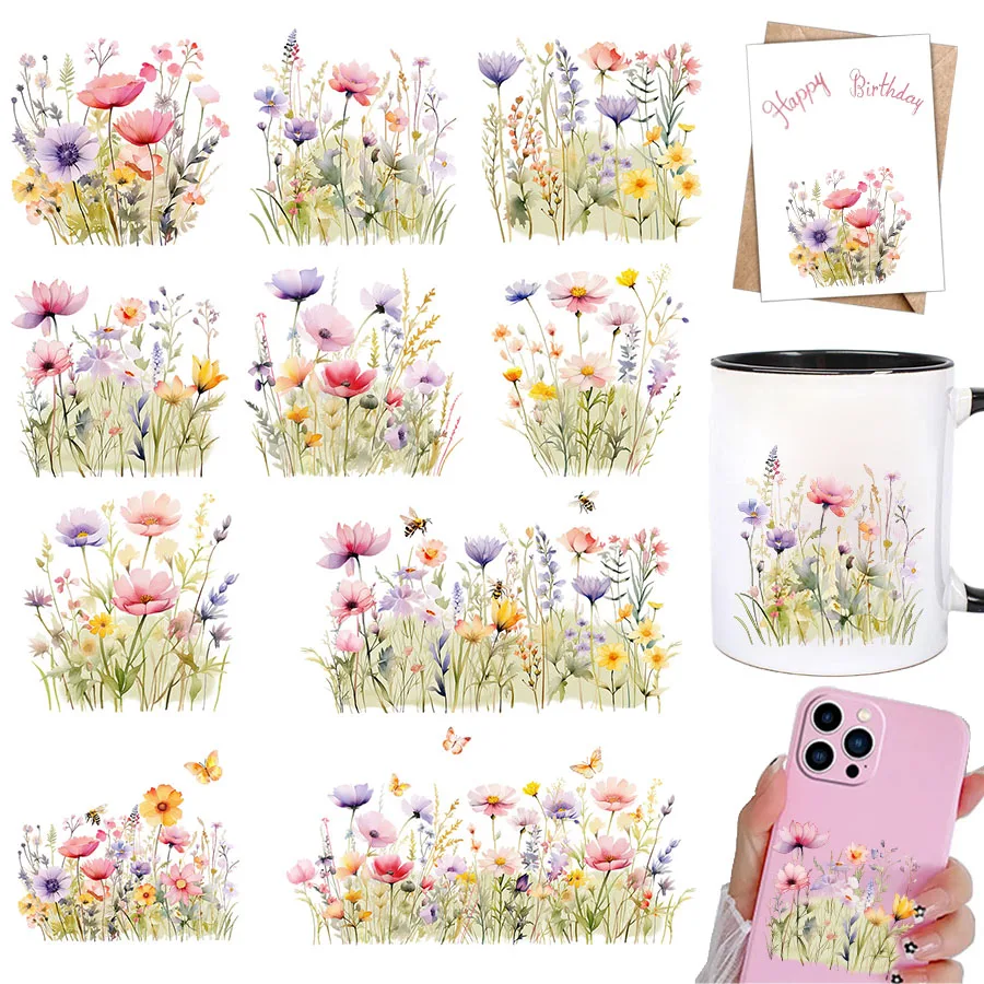 10pcs Spring Wildflower Floral UV DTF Cup Wrap Transfer Sticker Glass Coffee Mugs Decoration Cards Notebooks School Handmade dtf transfer sticker