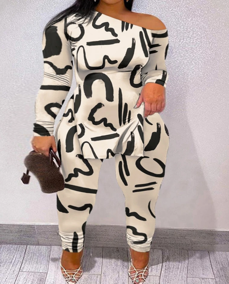 

Women's Casual Commuting Suit Geometric Print Off Shoulder Side Slit Long Sleeve T-shirt Top and Slim Fit High Waisted Pants Set