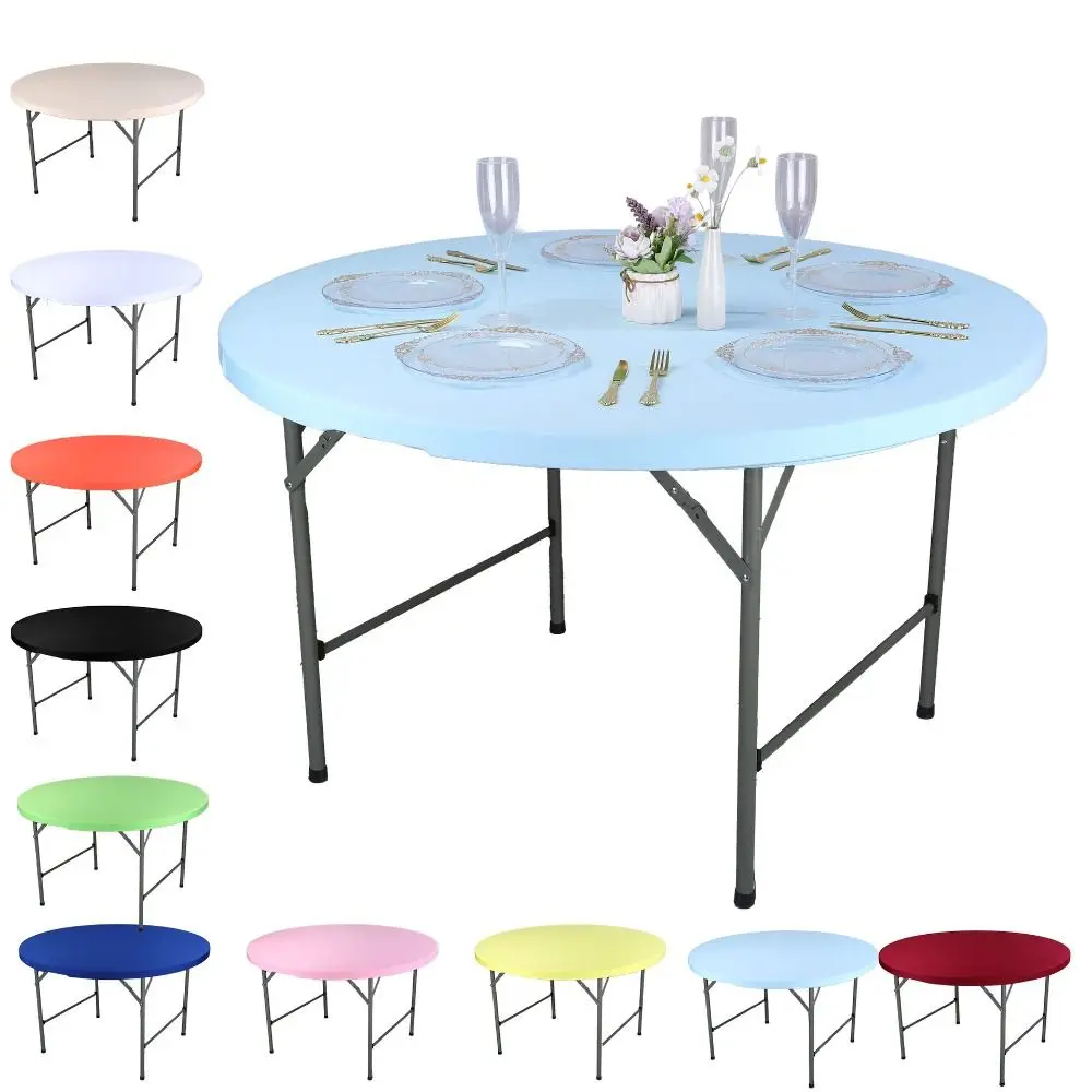 Elastic Round Table Cover Solid Color Diameter 48/60in Stain-Resistant Tablecloth Tear-Proof Folding Picnic Table Cloth Home