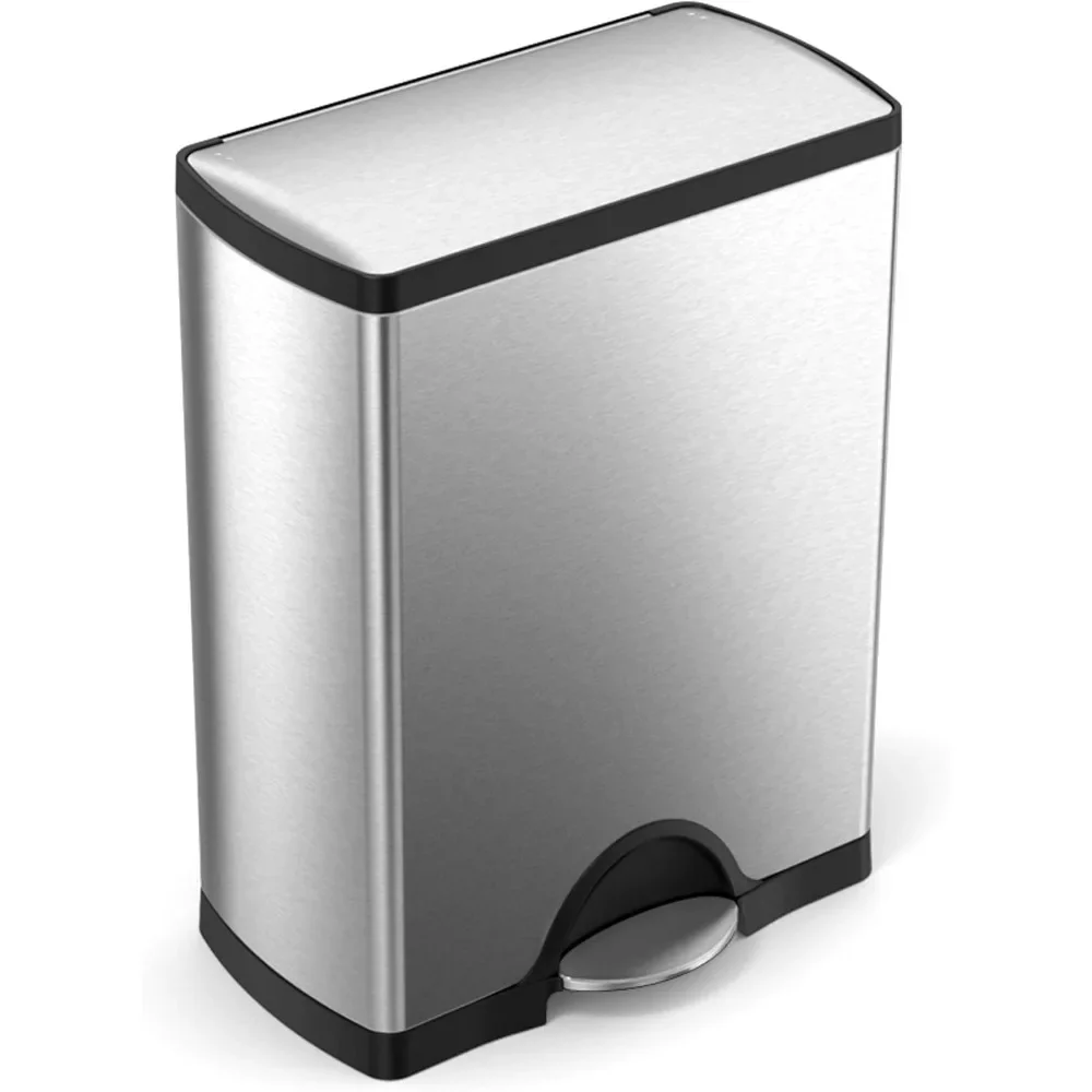 New2025-Rectangular Dual Compartment Recycling Kitchen Step Trash Can, 46 Liter, Brushed Stainless Steel