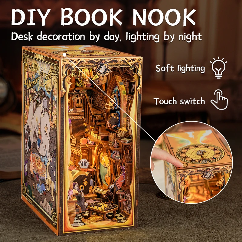 CUTEBEE DIY Book Nook Kit Wooden Dollhouse with Touch Light Magic Bookshelf Insert Decor for Gift Fantastic Animal Common Room 3