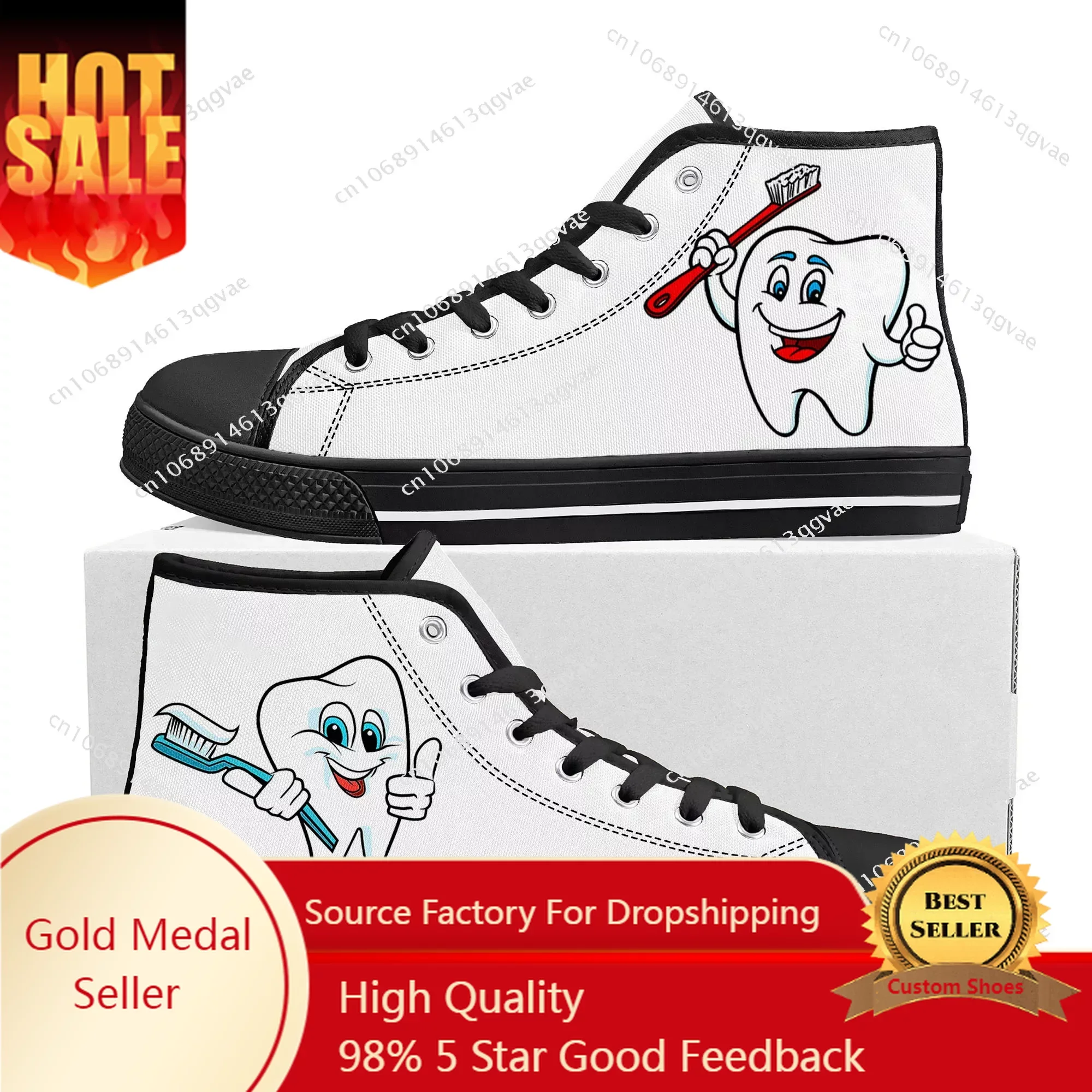 Tooth Dentist Cartoon Pattern High Top High Quality Sneakers Mens Womens Teenager Canvas Sneaker Custom Made Shoe Couple Shoes