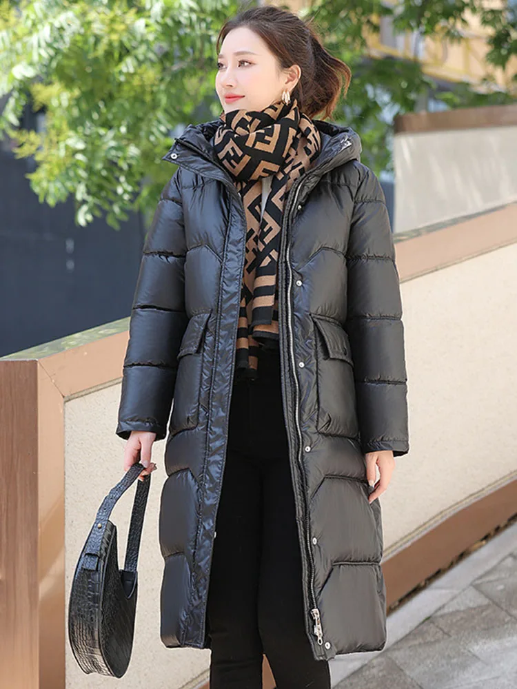 2024 Glossy Winter Jacket Coat Women Hooded Overcoat Thick Warm Long Parka Female Down Cotton-padded Jacket Loose Windproof Coat